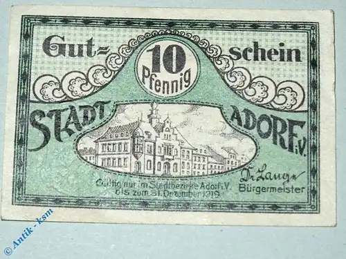 Notgeld Adorf , 10 Pfennig Schein , Tieste 0010.05.06 , Sachsen Verkehrsausgabe