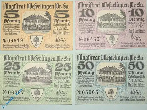 Notgeld Weferlingen , Set mit 4 Scheinen , Tieste 7745.05.01 bis 04 , von 1920 , Sachsen Verkehrsausgabe