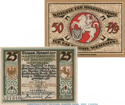 Notgeld Handelskammer Arnsberg 0195.05.01-02 , Set mit 2 Scheinen in kfr.  , von 1920 , Westfalen Verkehrsausgabe