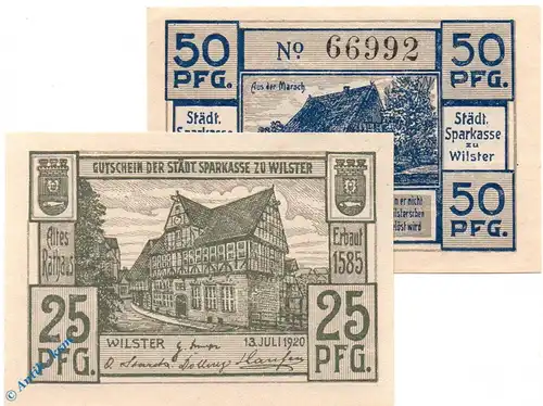 Notgeld Wilster , Set mit 2 Scheinen in kfr. Tieste 7960.05.20 und 21 , von 1920 , Schleswig Holstein Verkehrsausgabe
