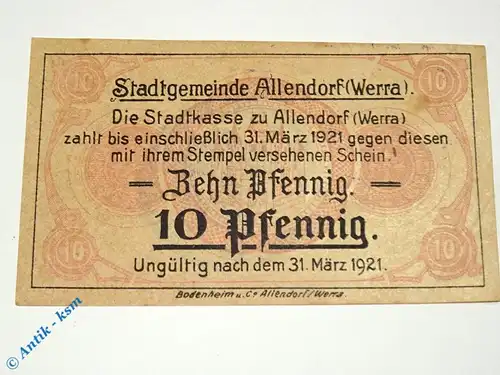 Notgeld Allendorf , 10 Pfennig Schein , Tieste 0035.05.10 , Hessen Verkehrsausgabe