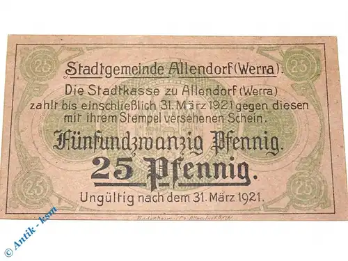 Notgeld Allendorf , 25 Pfennig Schein , Tieste 0035.05.20 , Hessen Verkehrsausgabe