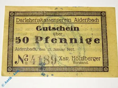 Aidenbach , Notgeld 50 Pfennig -Strichrahmen- in kfr. Tieste 0025.05.02 , Bayern 1917 Verkehrsausgabe