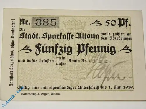 Notgeld Altona , H. Heyne , 50 Pfennig Schein , Tieste 0080.20.01 , Schleswig Holstein Verkehrsausgabe
