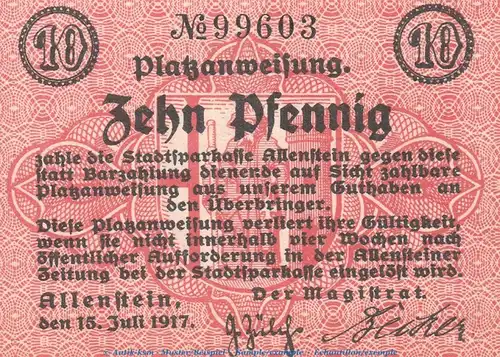 Notgeld Allenstein , 10 Pfennig Schein , Tieste 0045.10.01 , von 1917 , Ostpreußen Verkehrsausgabe