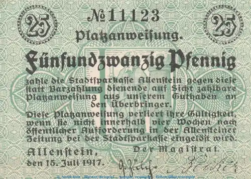 Notgeld Allenstein , 25 Pfennig Schein , Tieste 0045.10.02 , von 1917 , Ostpreußen Verkehrsausgabe