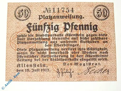 Notgeld Allenstein , 50 Pfennig Schein , Tieste 0045.10.03 , von 1917 , Ostpreußen Verkehrsausgabe