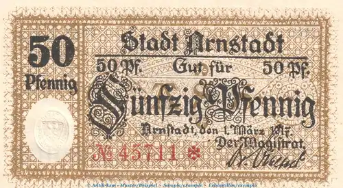 Notgeld Stadt Arnstadt , 50 Pfennig -No.Kn.Stern- in kfr. , Tieste 0200.20.01.2 , von 1917 , Thüringen Verkehrsausgabe