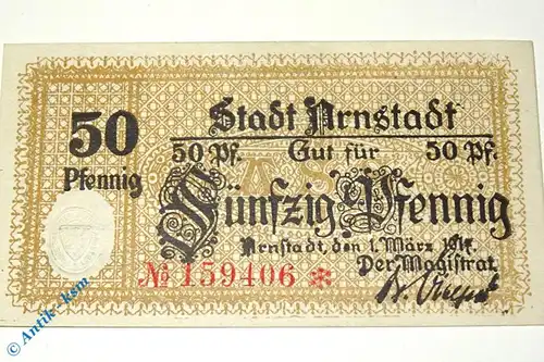 Notgeld Arnstadt , 50 Pfennig Schein bis 1920 , Tieste 0200.20.05 , von 1917 , Thüringen Verkehrsausgabe