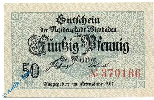 Notgeld Wiesbaden , 50 Pfennig Schein o. Wz , Tieste 7915.05.05 , von 1917 , Hessen Verkehrsausgabe