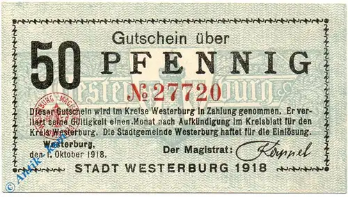 Notgeld Westerburg , 50 Pfennig Schein , Tieste 7850.05.03 , von 1918 , Hessen Verkehrsausgabe