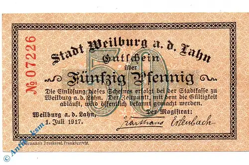 Notgeld Weilburg , 50 Pfennig Schein , Tieste 7770.05.01 , von 1917 , Hessen Verkehrsausgabe