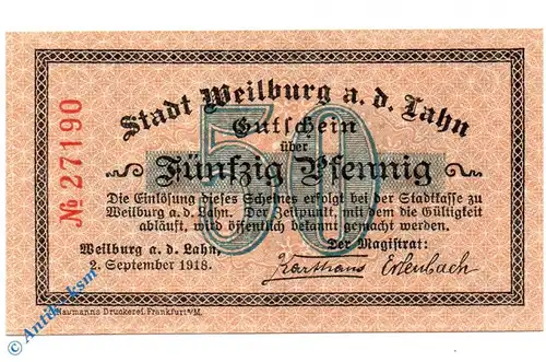 Notgeld Weilburg , 50 Pfennig Schein , Tieste 7770.05.05 , von 1918 , Hessen Verkehrsausgabe