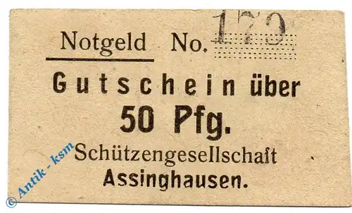Notgeld Assinghausen , 50 Pfennig Schein , unterstrichen , Tieste 0240.05.02 , Westfalen Verkehrsausgabe