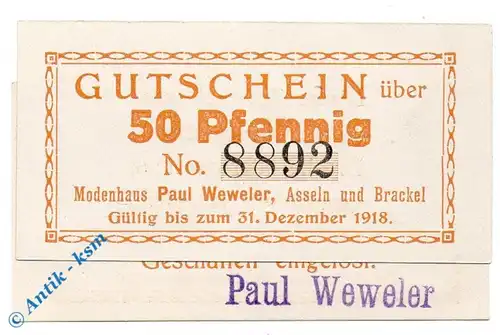 Notgeld Asseln , Weweler , 50 Pfennig Schein mit Stempel o. Wz , Tieste 0235.05.05.B , Westfalen Verkehrsausgabe