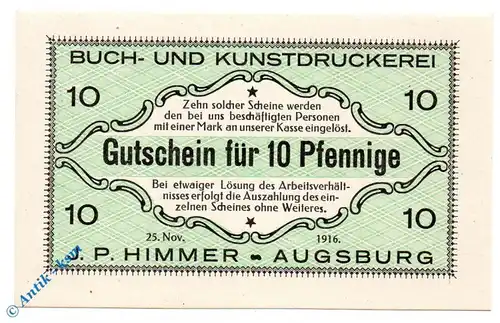 Notgeld Augsburg , J.P. Himmer , 10 Pfennig Schein , Tieste 0260.35.41 , von 1916 , Bayern Verkehrsausgabe