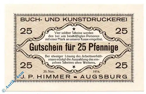 Notgeld Augsburg , J.P. Himmer , 25 Pfennig Schein , Tieste 0260.35.42 , von 1916 , Bayern Verkehrsausgabe