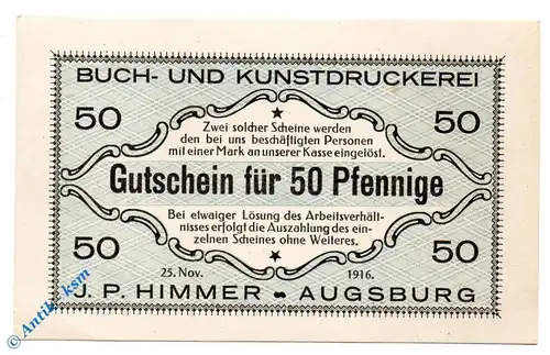 Notgeld Augsburg , J.P. Himmer , 50 Pfennig Schein , Tieste 0260.35.43 , von 1916 , Bayern Verkehrsausgabe