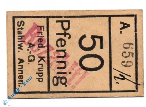 Notgeld Annen , Fried Krupp , 50 Pfennig Schein , Tieste 0155.05.03 , Westfalen Verkehrsausgabe