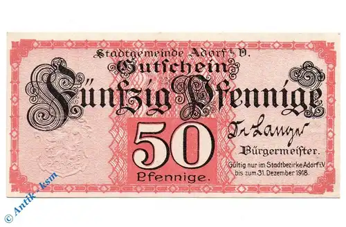 Notgeld Adorf , 50 Pfennig Schein , Tieste 0010.05.03 , Sachsen Verkehrsausgabe