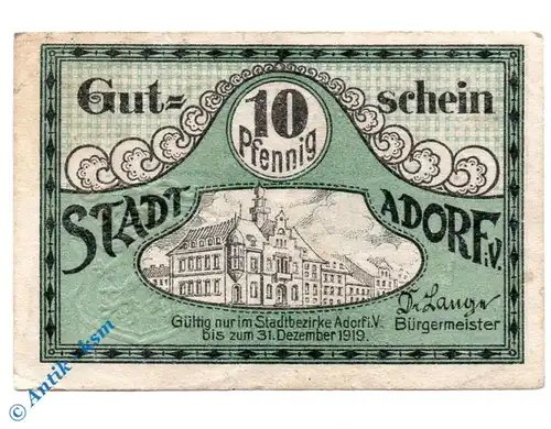 Notgeld Adorf , 10 Pfennig Schein gbr , Tieste 0010.05.06 , Sachsen Verkehrsausgabe