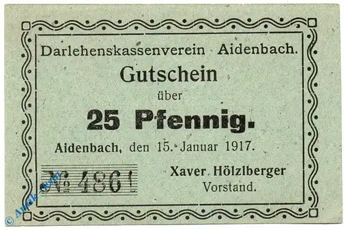 Notgeld Aidenbach , 25 Pfennig Schein , Tieste 0025.05.35 , 1917 , Bayern Verkehrsausgabe