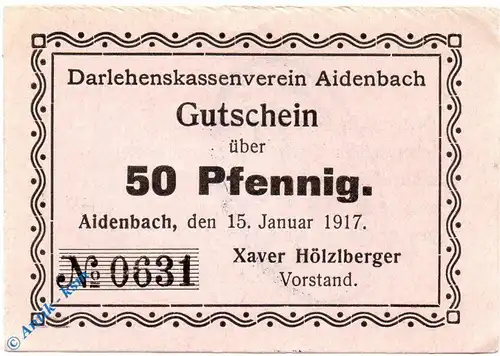 Notgeld Aidenbach , 50 Pfennig Schein , Tieste 0025.05.51 , 1917 , Bayern Verkehrsausgabe