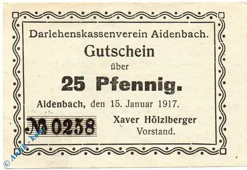 Notgeld Aidenbach , 25 Pfennig Schein grau , Tieste 0025.05.40 , 1917 , Bayern Verkehrsausgabe