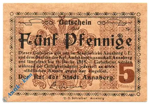 Notgeld Annaberg , 5 Pfennig Schein , Tieste 0145.15.05 , von 1918 , Sachsen Verkehrsausgabe