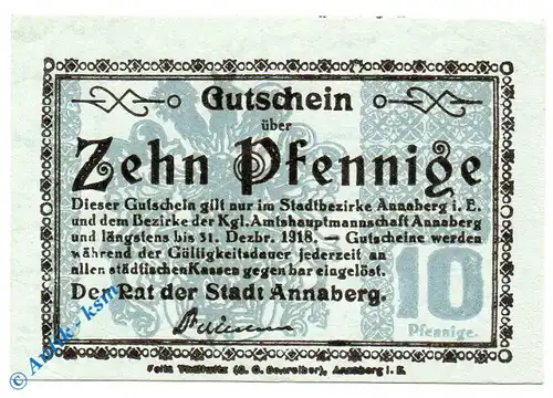 Notgeld Annaberg , 10 Pfennig Schein , Tieste 0145.15.02 , von 1918 , Sachsen Verkehrsausgabe