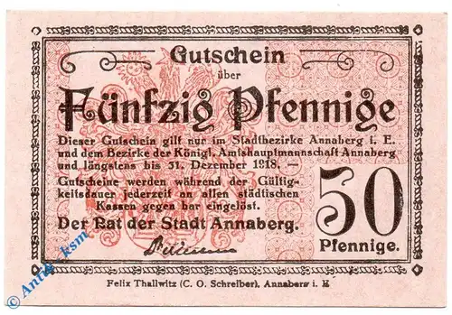 Notgeld Annaberg , 50 Pfennig Schein , Tieste 0145.15.03 , von 1918 , Sachsen Verkehrsausgabe