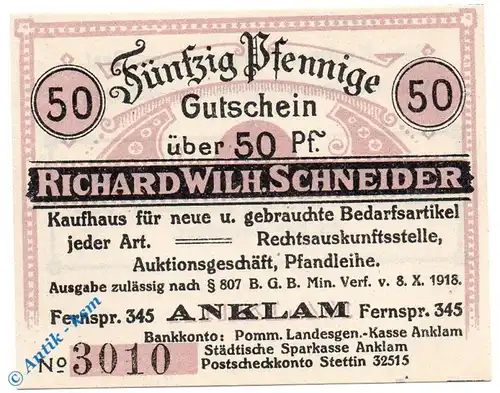 Notgeld Anklam , R. Schneider , 50 Pfennig Schein , Tieste 0140.05.05 , Pommern Verkehrsausgabe