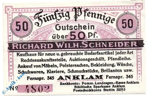 Notgeld Anklam , R. Schneider , 50 Pfennig Schein , Tieste 0140.05.02 , Pommern Verkehrsausgabe