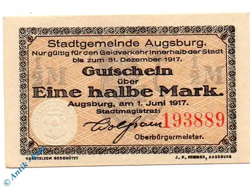 Notgeld Augsburg , 1/2 Mark Schein , Tieste 0260.130.35 , von 1917 , Bayern Verkehrsausgabe