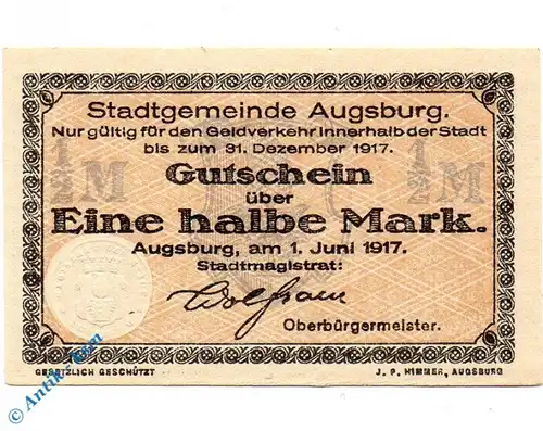 Notgeld Augsburg , Eine halbe Mark Musterschein ohne Kennummer , Tieste 0260.130.35.M , von 1917 , Bayern Verkehrsausgabe