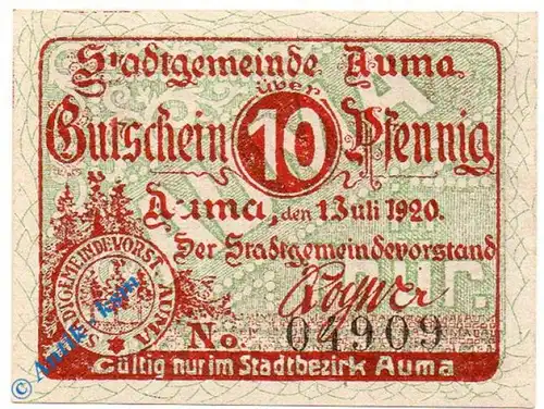 Notgeld Auma , 10 Pfennig Schein , Tieste 0265.05.25 , von 1920 , Sachsen Verkehrsausgabe