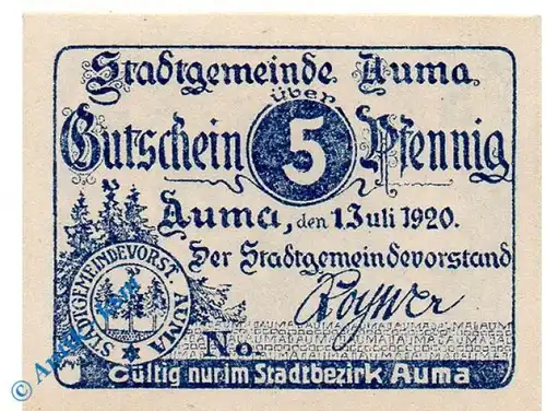 Notgeld Auma , 5 Pfennig Schein , Tieste 0265.05.15 , von 1920 , Sachsen Verkehrsausgabe