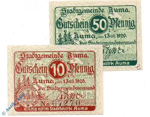 Notgeld Auma , Set mit 2 Scheinen , Tieste 0265.05.25 und 26, von 1920 , Sachsen Verkehrsausgabe