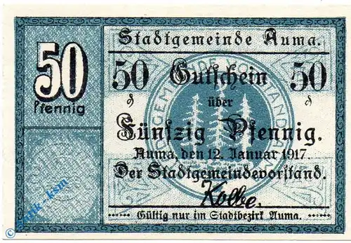 Notgeld Auma , 50 Pfennig Schein , Tieste 0265.05.02 , von 1917 , Sachsen Verkehrsausgabe