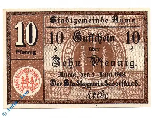 Notgeld Auma , 10 Pfennig Schein ohne Kennummer , Tieste 0265.05.05.2 , von 1918 , Sachsen Verkehrsausgabe