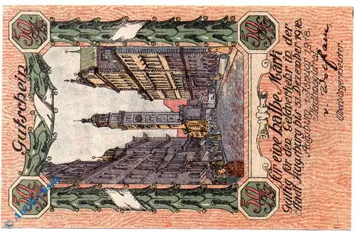 Notgeld Augsburg , eine halbe Mark Schein , Drfa Rs , Tieste 0260.130.60 , von 1918 , Bayern Verkehrsausgabe