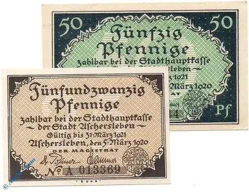 Notgeld Aschersleben , Set mit 2 Scheinen , mit A , Tieste 0225.10.41.3 und 41.3 , von 1920 , Sachsen Verkehrsausgabe