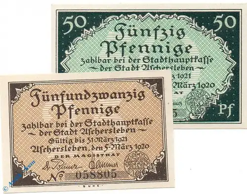 Notgeld Aschersleben , Set mit 2 Scheinen , No Kn , Tieste 0225.10.41.1 und 41.1 , von 1920 , Sachsen Verkehrsausgabe