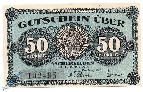 Notgeld Aschersleben , 50 Pfennig Schein , Kennummer 4 mm , Tieste 0225.10.11 , von 1917 , Sachsen Verkehrsausgabe
