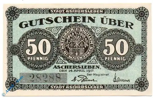Notgeld Aschersleben , 50 Pfennig Schein , Kennummer 5 mm , Tieste 0225.10.15 , von 1917 , Sachsen Verkehrsausgabe