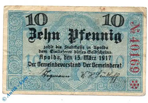 Notgeld Apolda , 10 Pfennig Schein gbr , Tieste 0185.65.01 , von 1917 , Sachsen Verkehrsausgabe