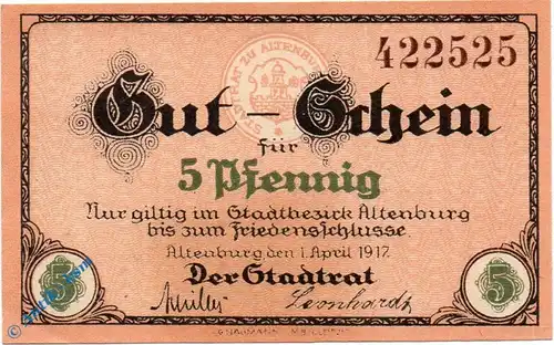Notgeld Altenburg , 5 Pfennig Schein  , Tieste 0055.20.05 , von 1917 , Sachsen Verkehrsausgabe