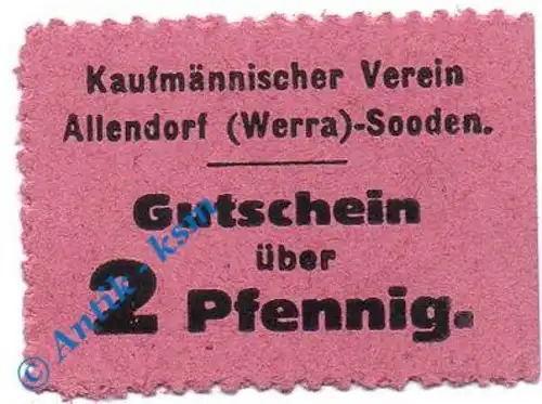 Notgeld Alendorf Sooden , 2 Pfennig Schein , Tieste 0040.05.02 , Sachsen Verkehrsausgabe
