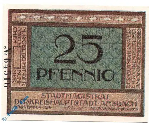 Notgeld Ansbach , 25 Pfennig Schein , mit Rand , Tieste 0160.15.25 , von 1918 , Bayern Verkehrsausgabe