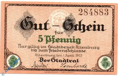 Notgeld Altenburg , 5 Pfennig Schein , Tieste 0055.20.01 , von 1917 , Sachsen Verkehrsausgabe